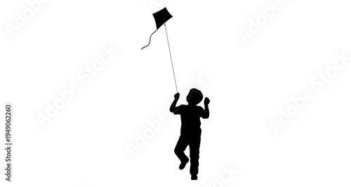 A silhouetted child joyfully flies a simple diamond kite against white