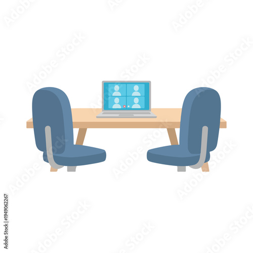 A laptop on a wooden table displays a four-person video conference, flanked by two blue chairs, symbolizing remote work and virtual collaboration.
