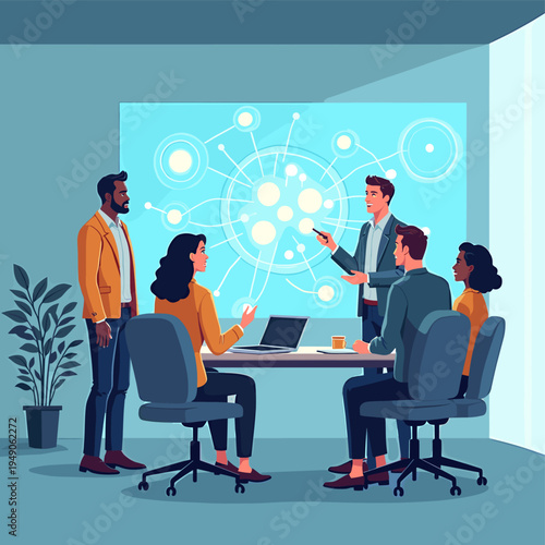 A minimalist illustration depicting two professionals in a modern office space with a potted plant. Perfect for conveying concepts of workplace wellbe