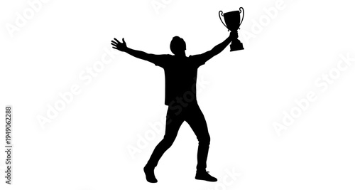 Silhouette of a victorious man raising a trophy in celebration