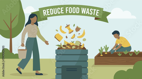People composting food waste and gardening for sustainable living and environment