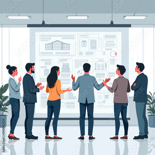 This minimalist illustration depicts two professionals in a modern office. It conveys a sense of collaboration and partnership, perfect for showcasing