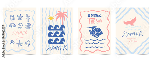 Blue pink hand drawn hello Summertime beach poster set with fish,starfish, flamingo,cactus icon for vacation a4 vertical invitation