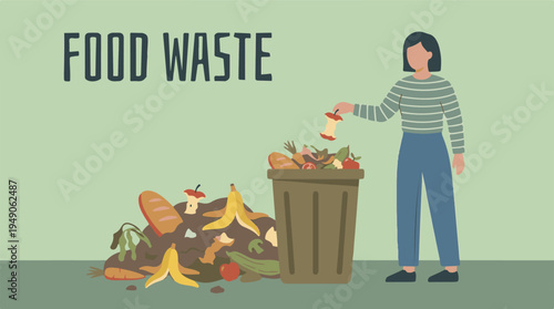 Illustration of person disposing of food waste into a bin with organic pile