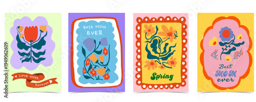 Cute colorful mother’s day greeting card set with bow,ribbon and floral Illustrations for a4 vertical invitation design