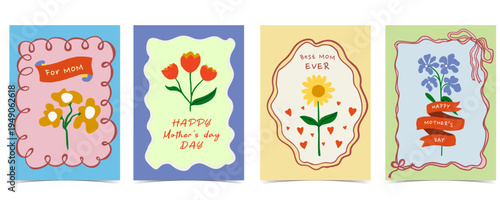 Cute colorful mother’s day greeting card set with bow,ribbon and floral Illustrations for a4 vertical invitation design