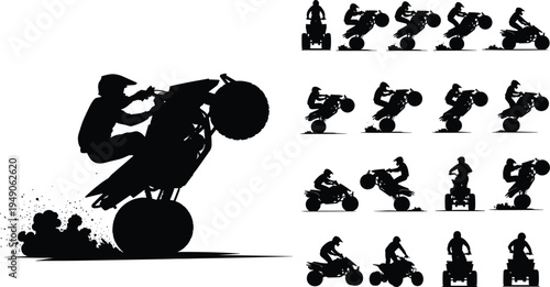 ATV rider silhouettes collection, quad bike stunt poses, off road motor sport action set, extreme racing vector illustration