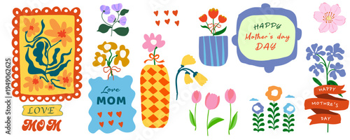 Cute colorful mother’s day element object set with bow,ribbon,frame,vase and floral Illustrations for invitation design