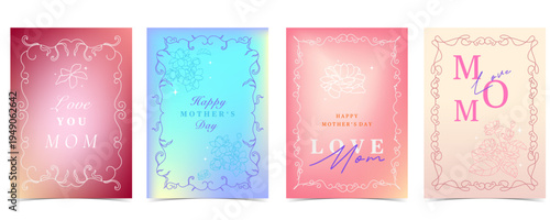 mother's day blue,pink invitation card with white flower art nouveau style for a4 vertical background