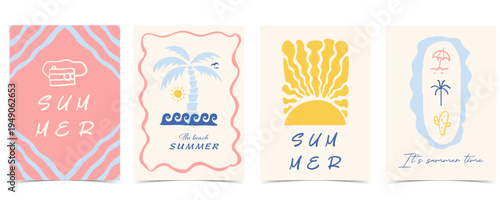 Blue pink Hand drawn Summertime Beach Poster Set with cactus,umbrella,camera for vacation a4 vertical invitation