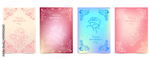 mother's day blue,pink invitation card with white flower art nouveau style for a4 vertical background