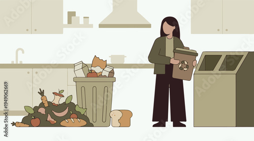 Woman recycling in kitchen with organic and general waste