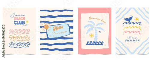 Blue pink Hand drawn hello Summer Beach club Poster Set with whale tail,wave for vacation a4 vertical invitation