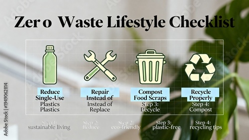 Eco friendly zero waste lifestyle infographic with sustainability tips, reusable products, recycling concepts, and green living ideas for environmental awareness campaigns.