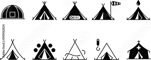 Camping tent icon set outdoor adventure travel equipment tourism shelter collection scout camp activity hiking gear cad drawing flat vector illustration isolated on white.