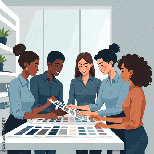 A focused designer carefully examines print layouts. This illustration evokes creativity and attention to detail, ideal for content relating to design