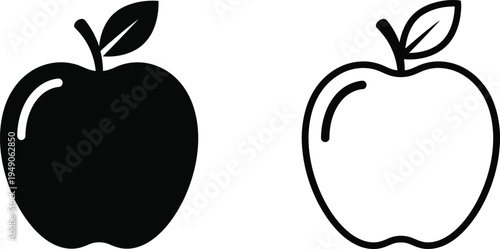 Apple Fruit Icon Set – Solid and Outline Apple Vector Illustration