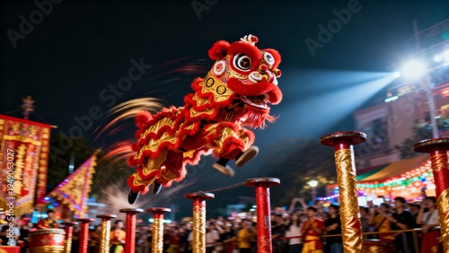 Energetic lion dance performance on a brightly lit stage during Chinese New Year festivities and cultural celebrations.