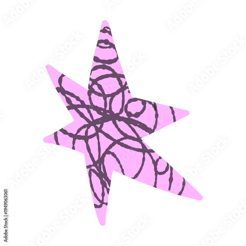 Vector abstract pink doodle star with overlapping scribble circle texture on white background. Funky baby girl hand drawn starburst icon for kid project, sticker, playful badge, modern graphic design.