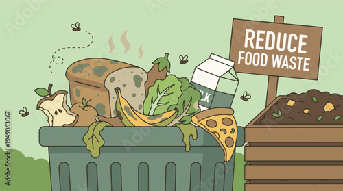 Illustration of food waste overflowing from a bin with a 'Reduce Food Waste' sign and compost