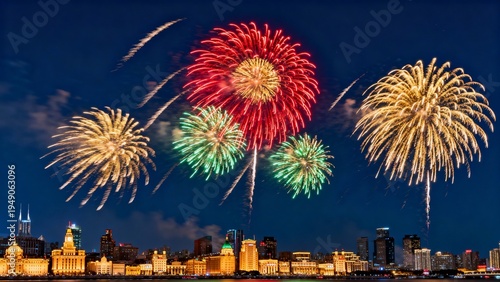 Bright multicolored fireworks lighting up the night sky during a festive public celebration and holiday event.