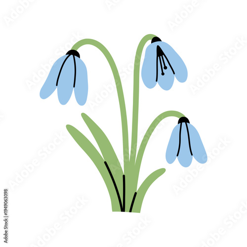 Vector cute spring snowdrop flowers. Playful cartoon floral snowdrop illustration for kids design, sticker, greeting card, nursery decor, seasonal poster and botanical design.