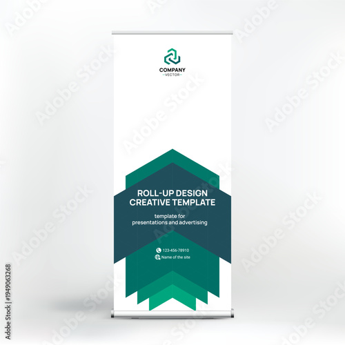 Banner design, roll-up stand for advertising, conferences, seminars, poster template for placing photos and text. Creative background for presentation