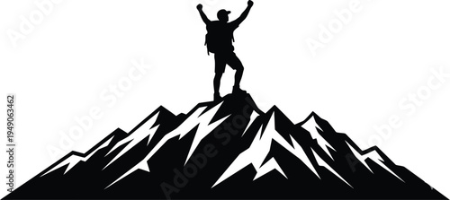Man Standing on Mountain Peak – Success and Achievement Vector Illustration