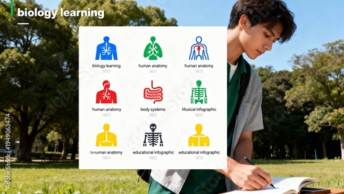 Modern education dashboard interface displaying colorful student learning icons and online school management concepts on a laptop screen in an outdoor study environment. Perfect for e-learning