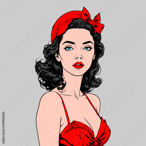 Vintage pin up girl illustration with red bow headband and curly black hair on light gray background