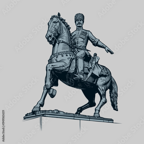 Blue ink sketch illustration of equestrian statue of historical military commander on horseback on light background