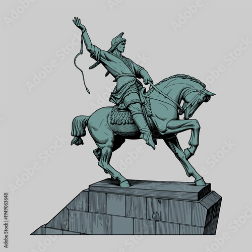 Green bronze equestrian statue of warrior on horseback on stone pedestal illustration on beige background