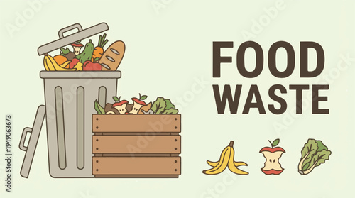 Food Waste Illustration with Overflowing Trash Can and Organic Scraps