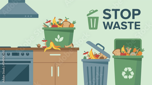 Kitchen scene with food waste, organic recycling bins, and 'Stop Waste' message