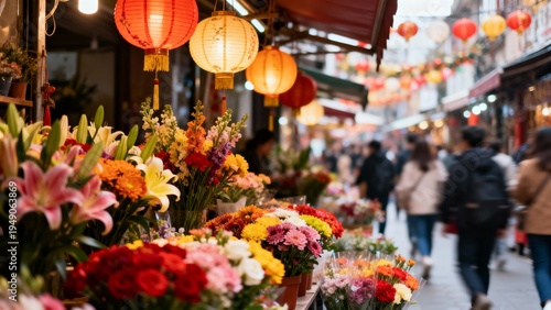 Decorative flower stalls with red lanterns in a bustling Lunar New Year market scene.