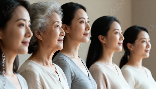 Profile of multiple generations of Asian women standing in a row. Family lineage and the concept of aging gracefully