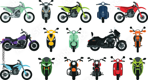Motorcycle and scooter illustration collection featuring dirt bikes, sport bikes, cruisers, scooters, colorful two‑wheeled vehicle vector design set
