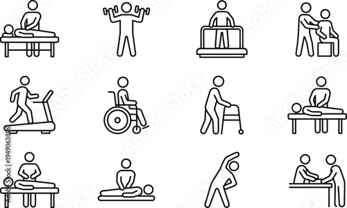 Physical therapy and rehabilitation icon illustration collection featuring exercises, treatments, mobility aids, therapist assistance vector design set