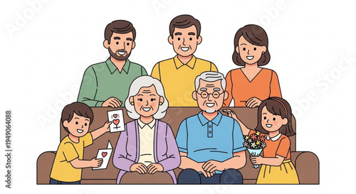 Happy multi generational family sitting on brown couch together smiling