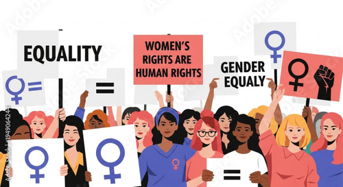 Diverse women protesting for gender equality and women's rights holding signs and symbols