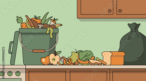 Kitchen counter with compost bin overflowing with organic food waste