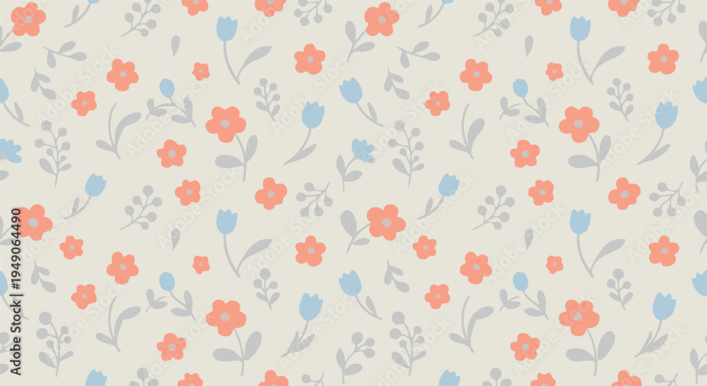 Fototapeta premium Minimalist_Coral_and_Blue_Floral_with_Berry_Seamless_Pattern