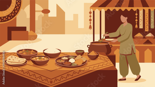 Woman Serving Traditional Indian Food at a Market Stall Illustration