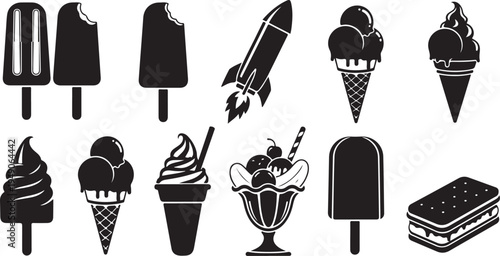 Black and white ice cream icons and treats collection