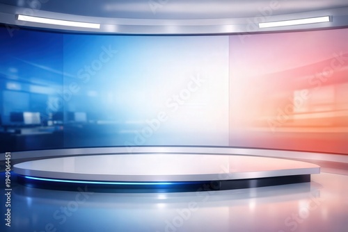 Modern News Studio Background with Glowing Platform and Dynamic Light Effects