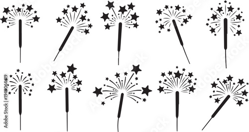 Black and white dandelion clock illustrations with stars exploding