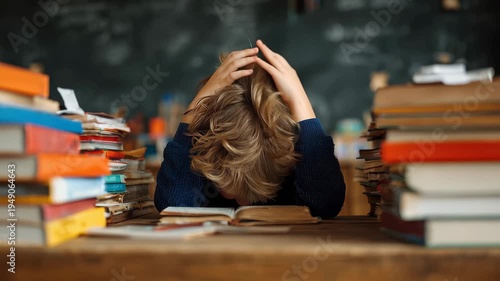 Schoolwork stress leads to anxiety in young child at desk surrounded by books and notes during study time