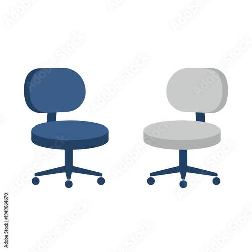 Two minimalist office chairs, one blue and one gray, with caster wheels, are depicted in a flat, vector graphic style on a white background.