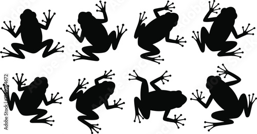 Frog silhouettes collection with different jumping and sitting amphibian poses isolated on light background wildlife animal vector graphic design elements set