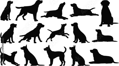 Dog silhouettes collection with different sitting standing running and lying poses isolated on light background domestic animal vector graphic design elements set